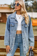 Washed Leopard Print Denim Jacket-Blue