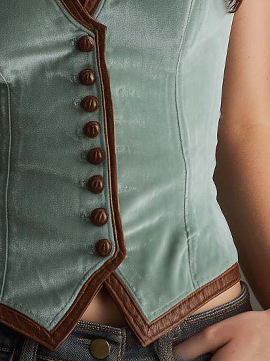 Sage velvet Contrast Leather Trim Slim Fit Vest