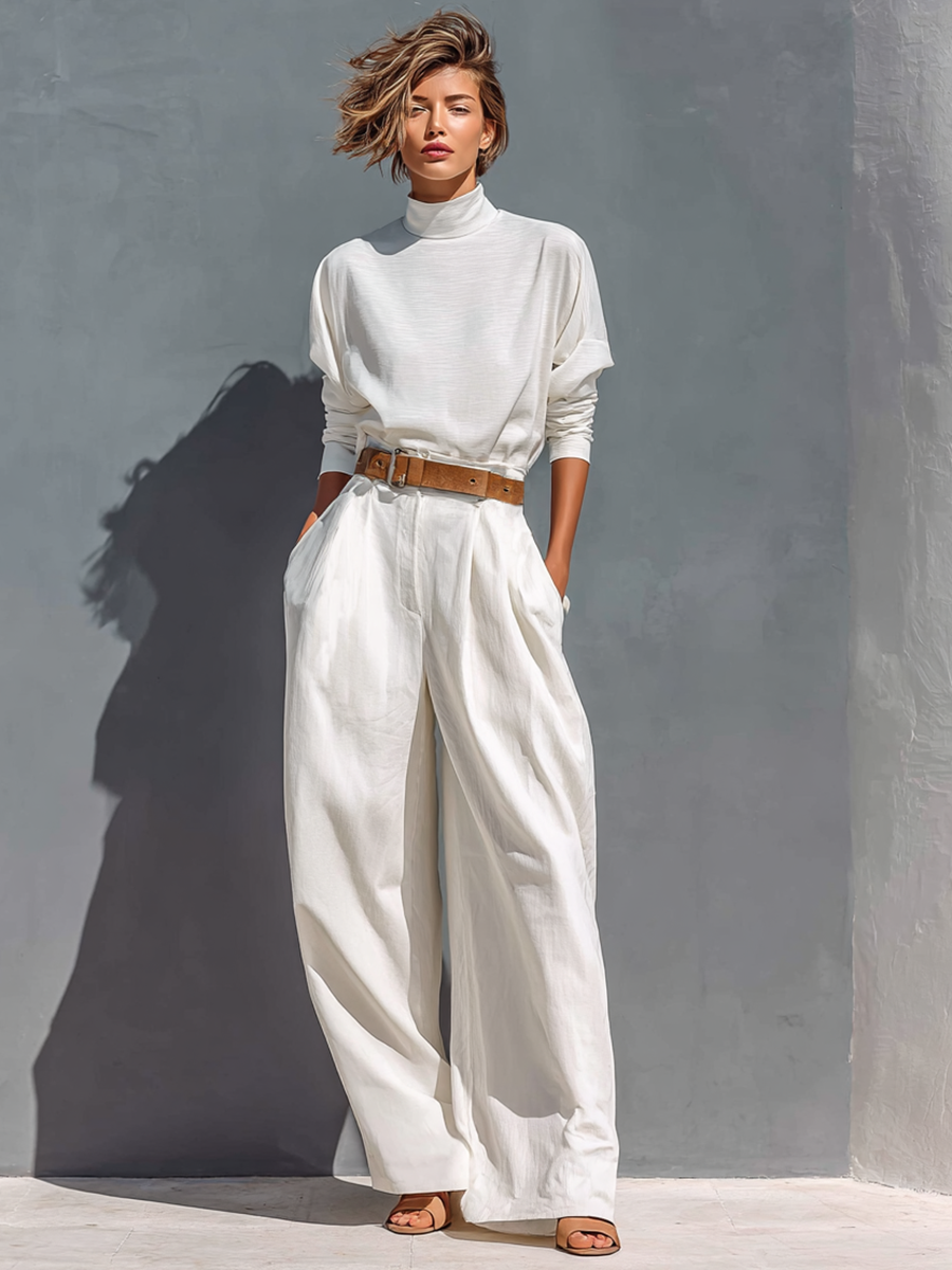 All White Half Long Sleeve Loose Two-piece Set