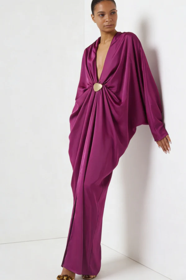 Magenta Satin Neck Maxi Dress in Satin