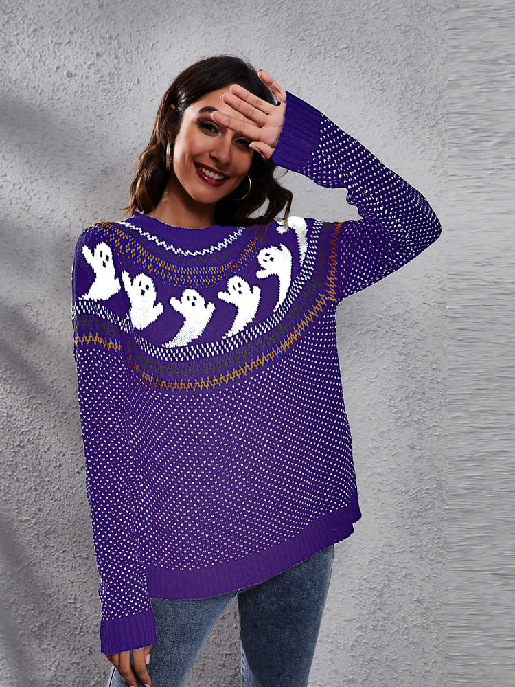 Literary Retro Ghost Pattern Neck Knitted Sweater