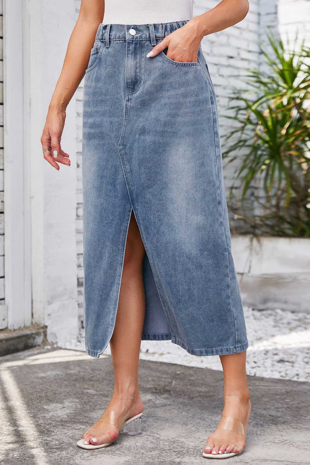 Washed Elastic Waist Denim Midi Skirt