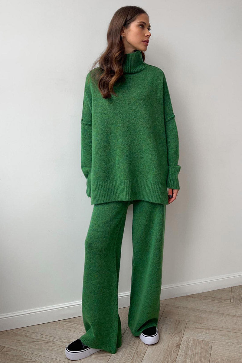 Turtleneck Split Sweater Loose Knit Pants Set