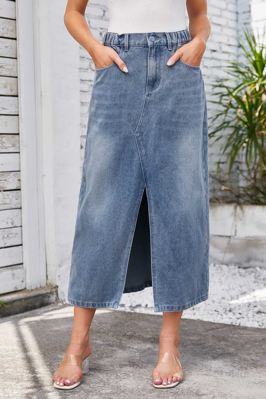 Washed Elastic Waist Denim Midi Skirt