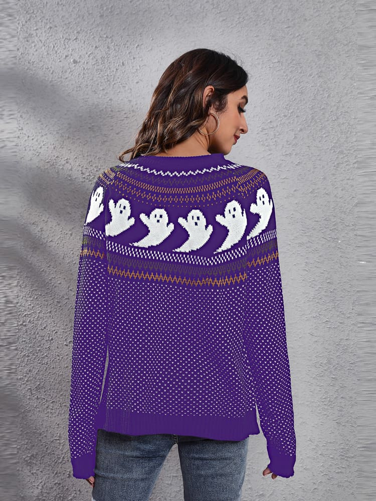 Literary Retro Ghost Pattern Neck Knitted Sweater