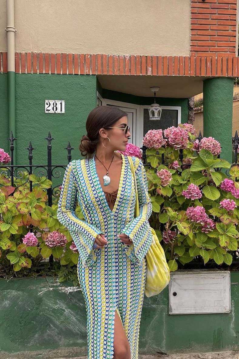 Boho V Neck Bell Sleeve Wavy Striped Maxi Dress