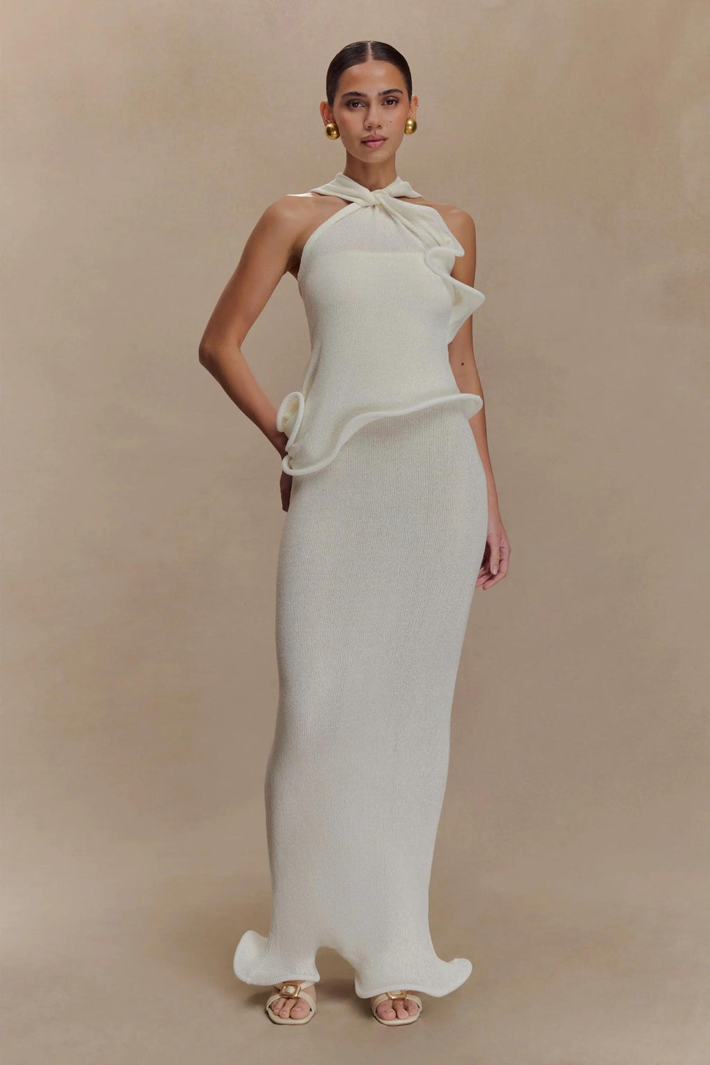 Knit Halter Ruffled Maxi Dress