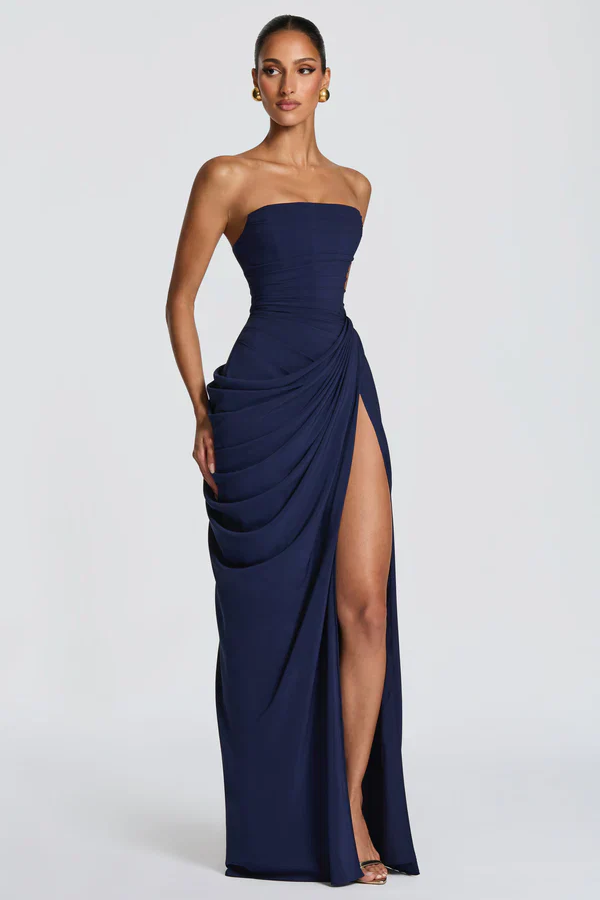 Corset Style Draped Navy Maxi Dress