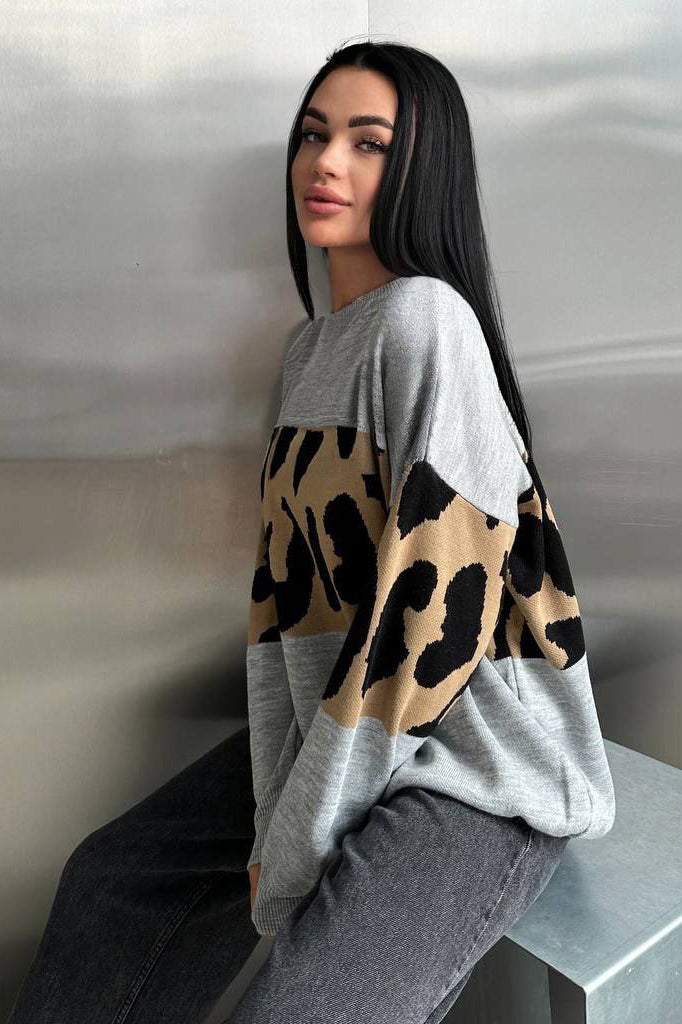 Retro Leopard Print Color-Block Sweater