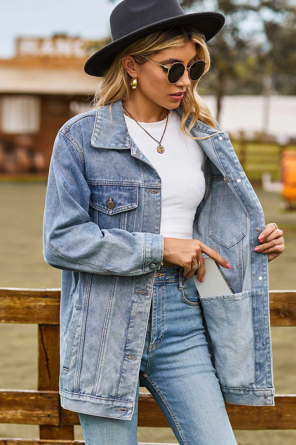 Washed Leopard Print Denim Jacket-Blue