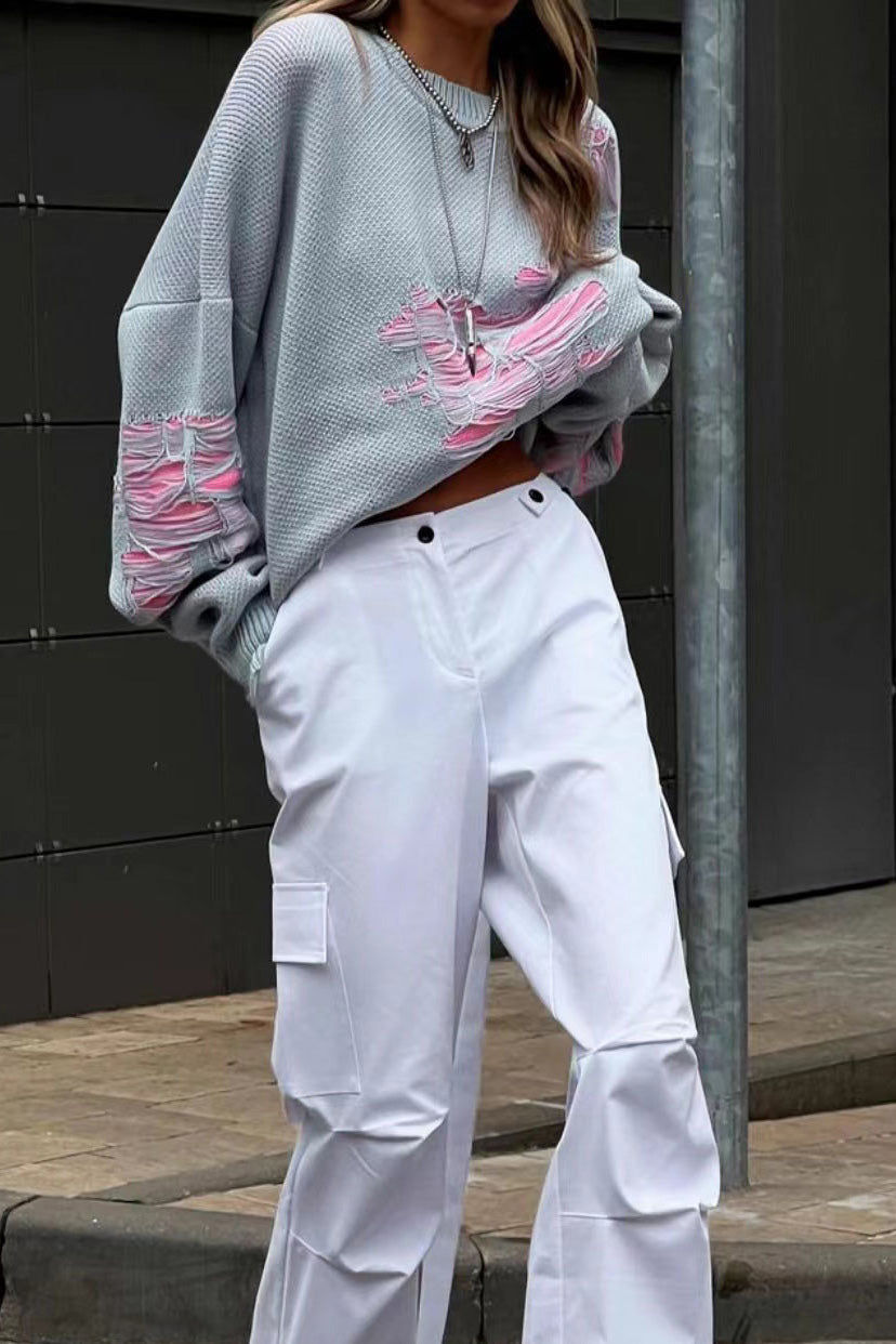 Colorblock Ripped Relaxed Sweater