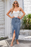 Washed Elastic Waist Denim Midi Skirt