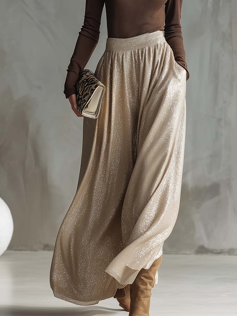 Retro Brown Knitted Top Silver Skirt Set