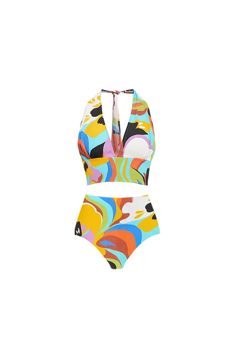 Deep V Halter Neck Print Sexy Swimsuit Set