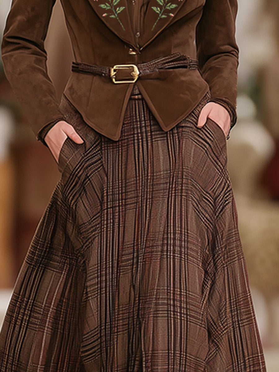 Retro Brown Plaid Double Pocket Elastic Skirt