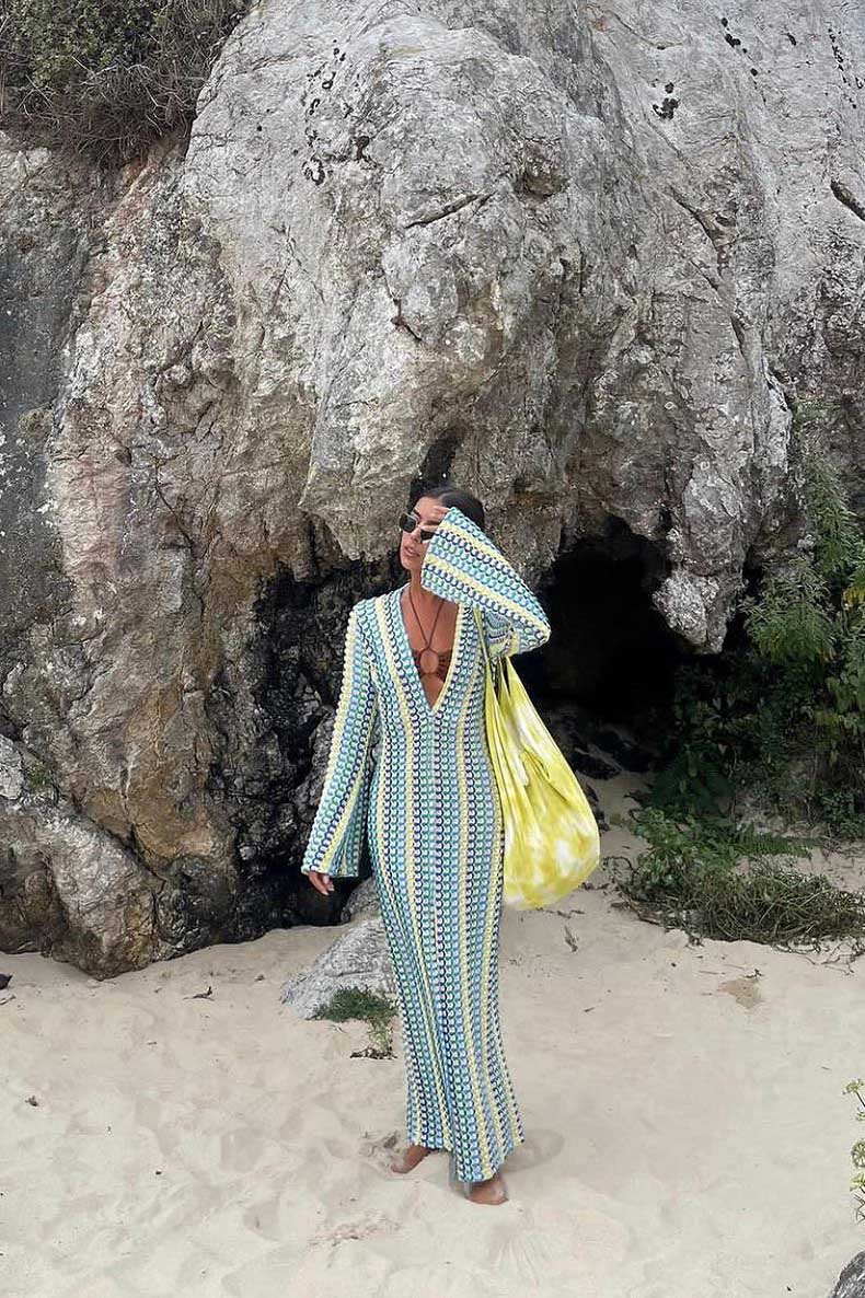Boho V Neck Bell Sleeve Wavy Striped Maxi Dress