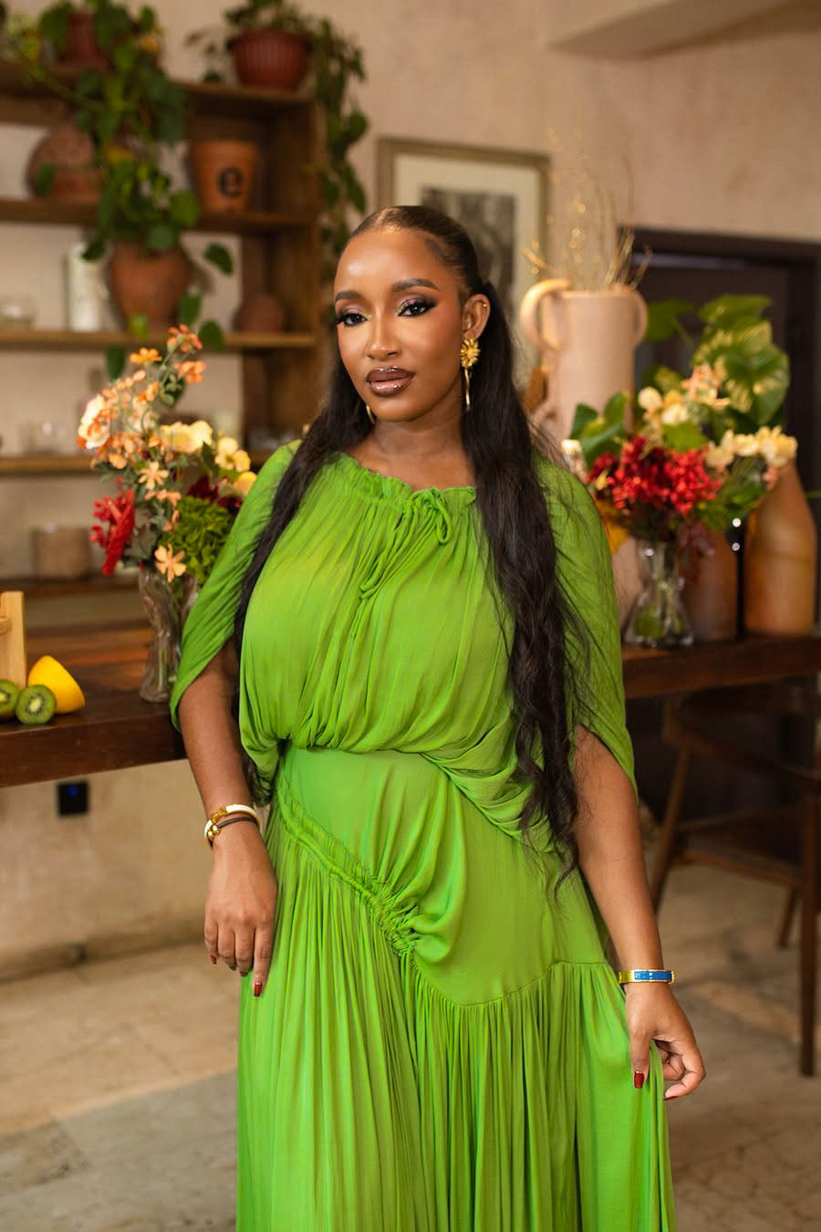 Ruched Waist Relaxed Batwing Sleeve Maxi Dress