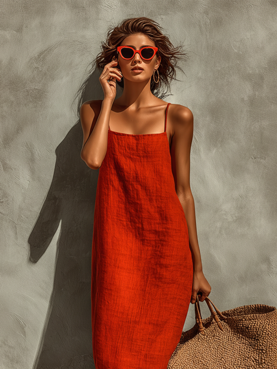 Red Cotton Square Neck Spaghetti Strap Dress