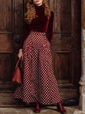 Burgundy Velvet Turtleneck Polka Dot Skirt Set
