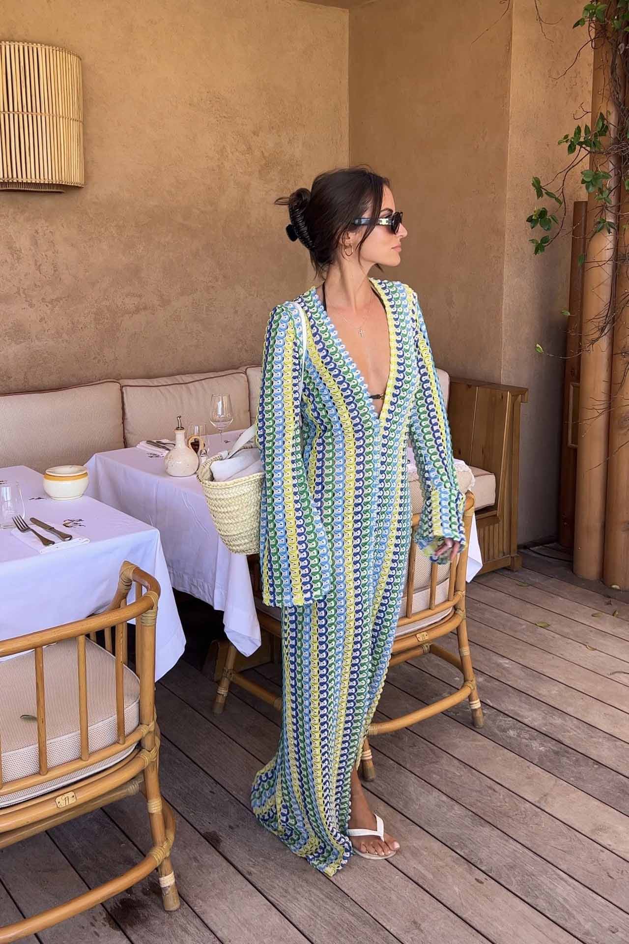 Boho V Neck Bell Sleeve Wavy Striped Maxi Dress