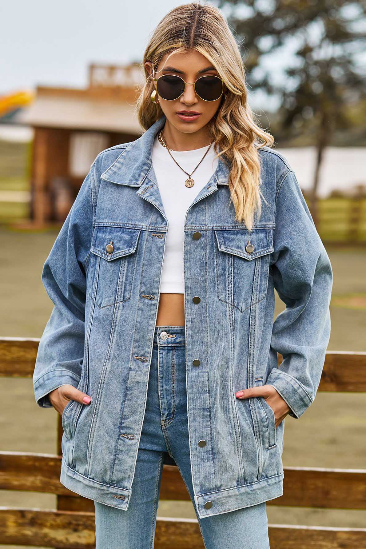 Washed Leopard Print Denim Jacket-Blue