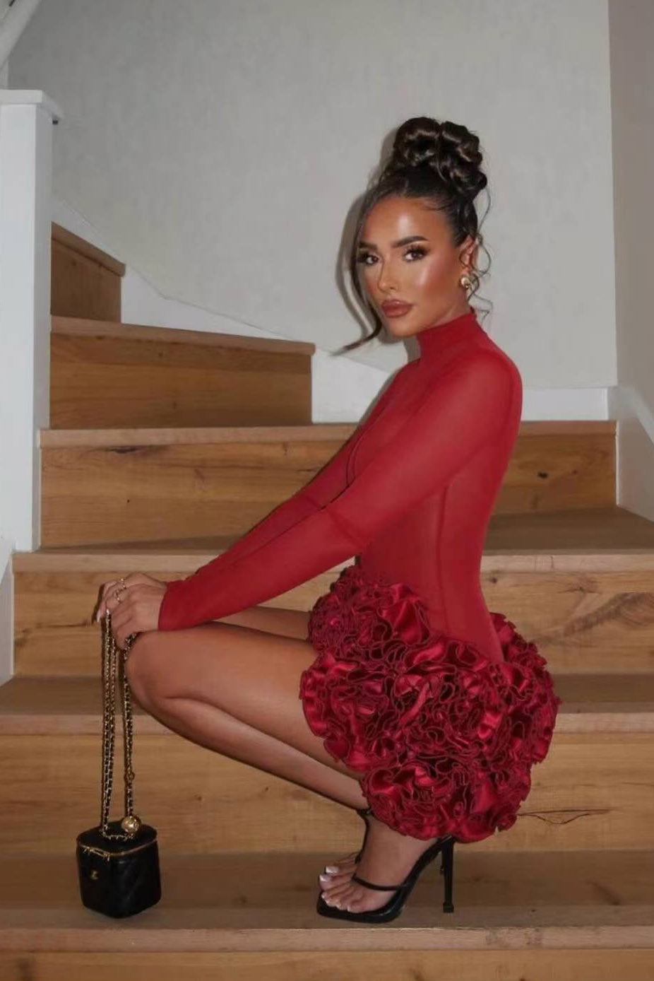 Red 3D Flower Hem Sexy Off-Shoulder Mini Dress
