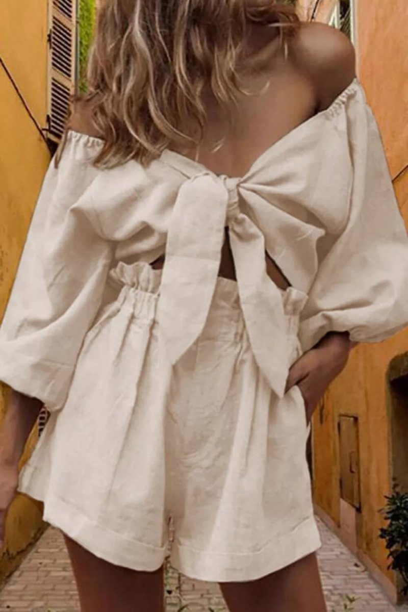 Linen Wrap Front Puff Sleeve Shorts Sets In Khaki
