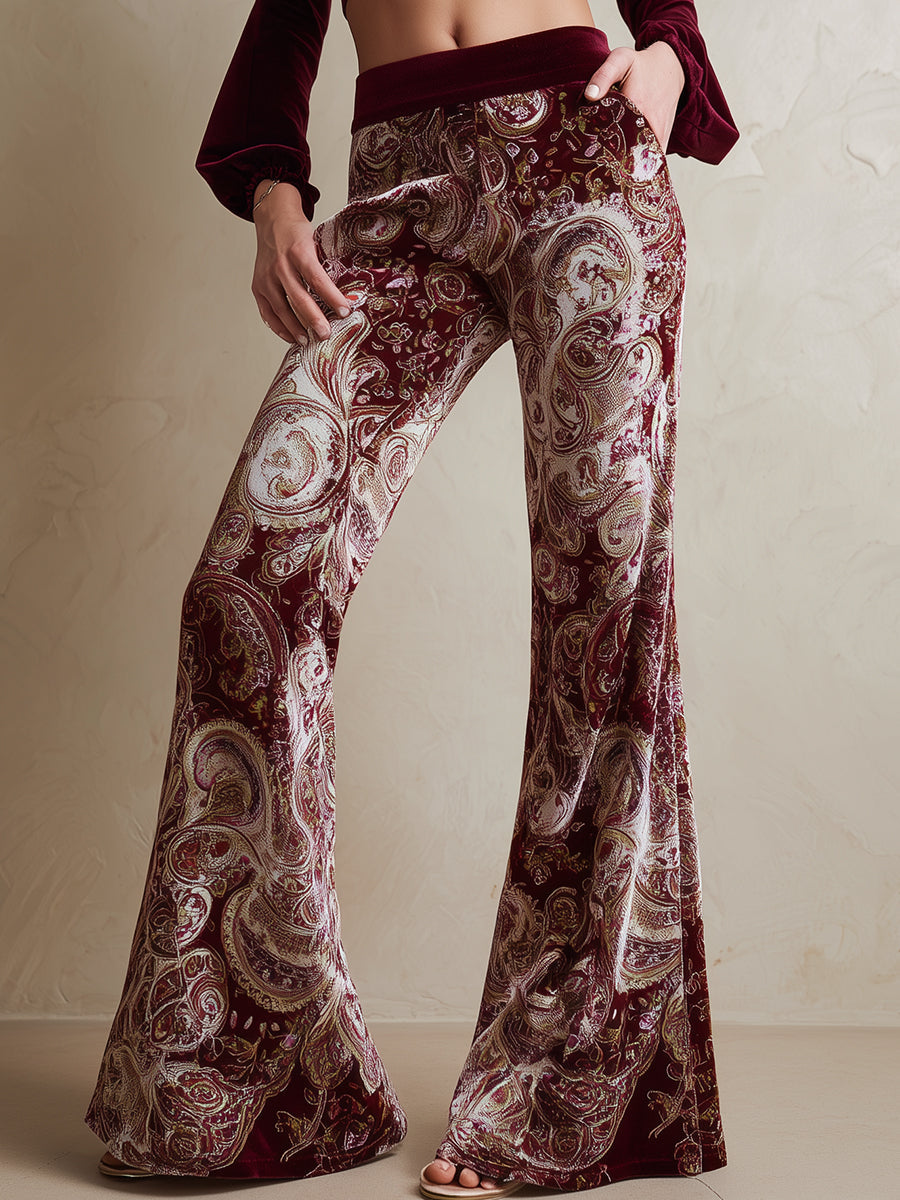 Vintage Paisley Print Burgundy Velvet Pants