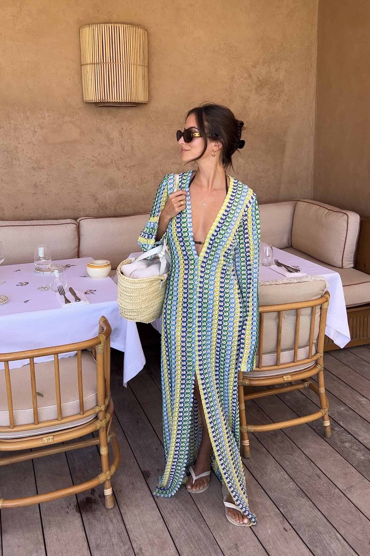 Boho V Neck Bell Sleeve Wavy Striped Maxi Dress