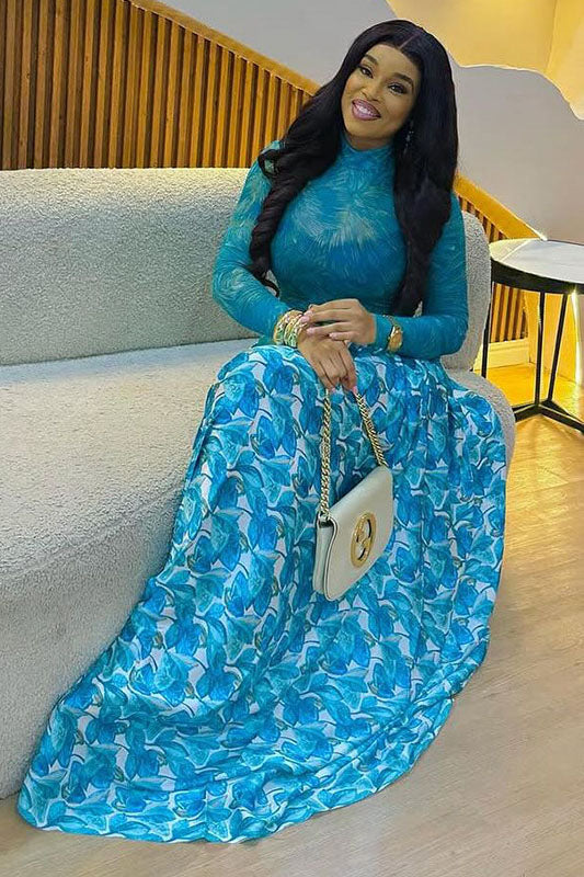 Blue Abstract Leaf Print Mesh Maxi Dress