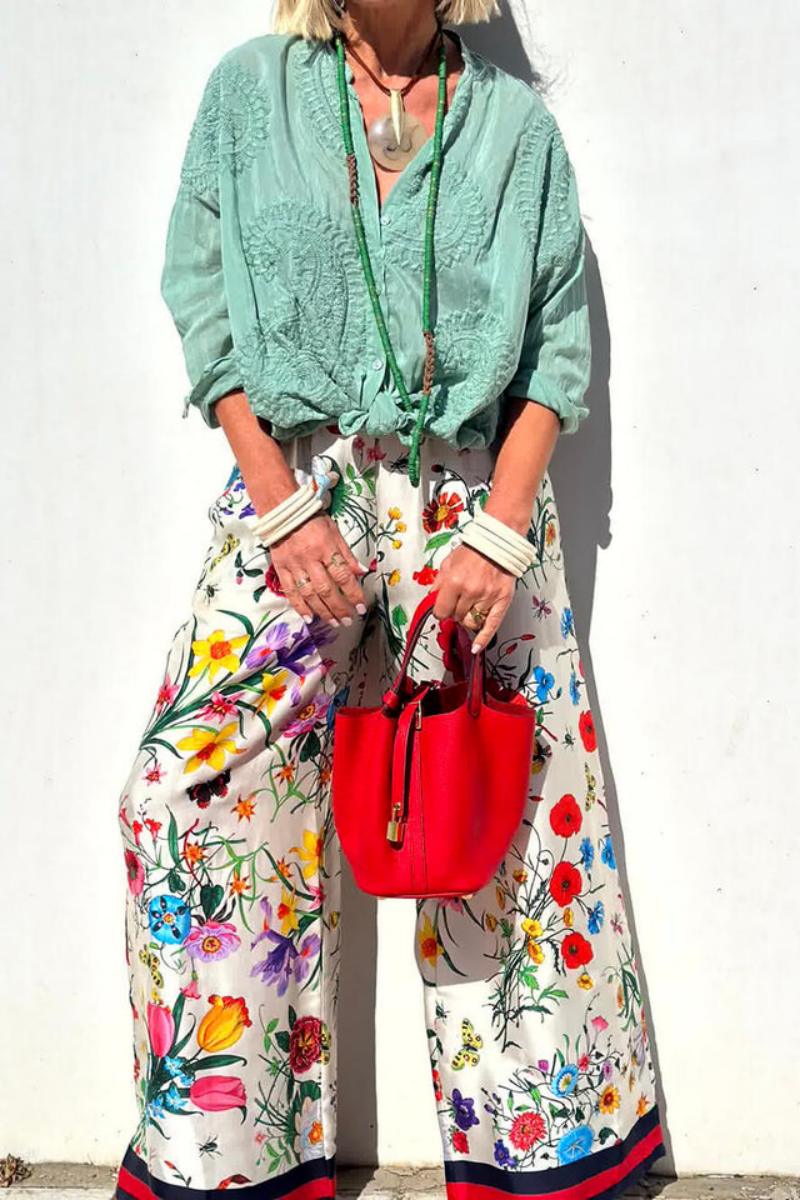 Floral Unique Print Elastic Waist Pocketed -Set
