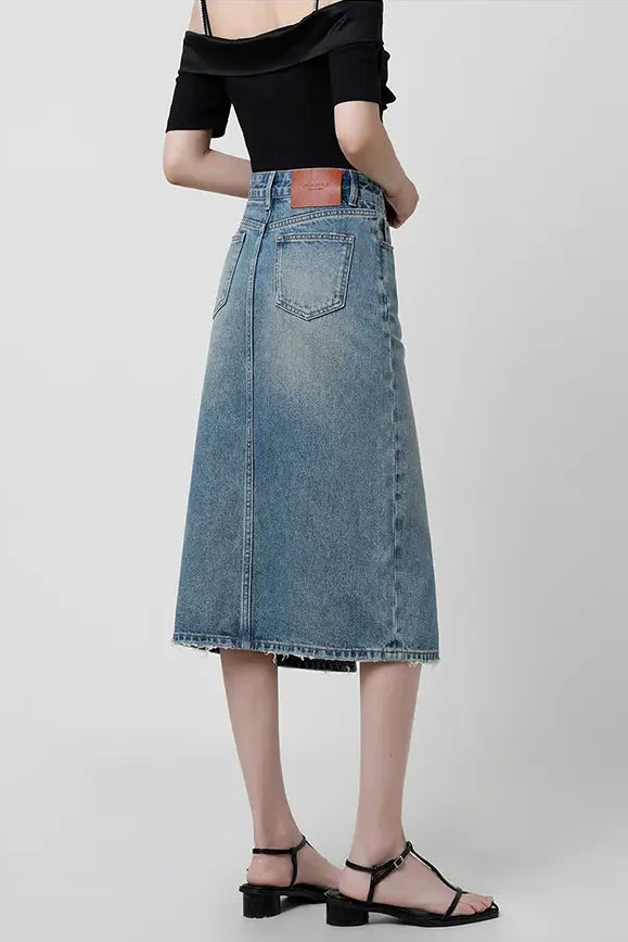 High-Waist Slit Denim Skirt