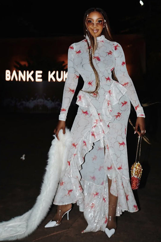 Koi Fish Print High-Neck Maxi Dress
