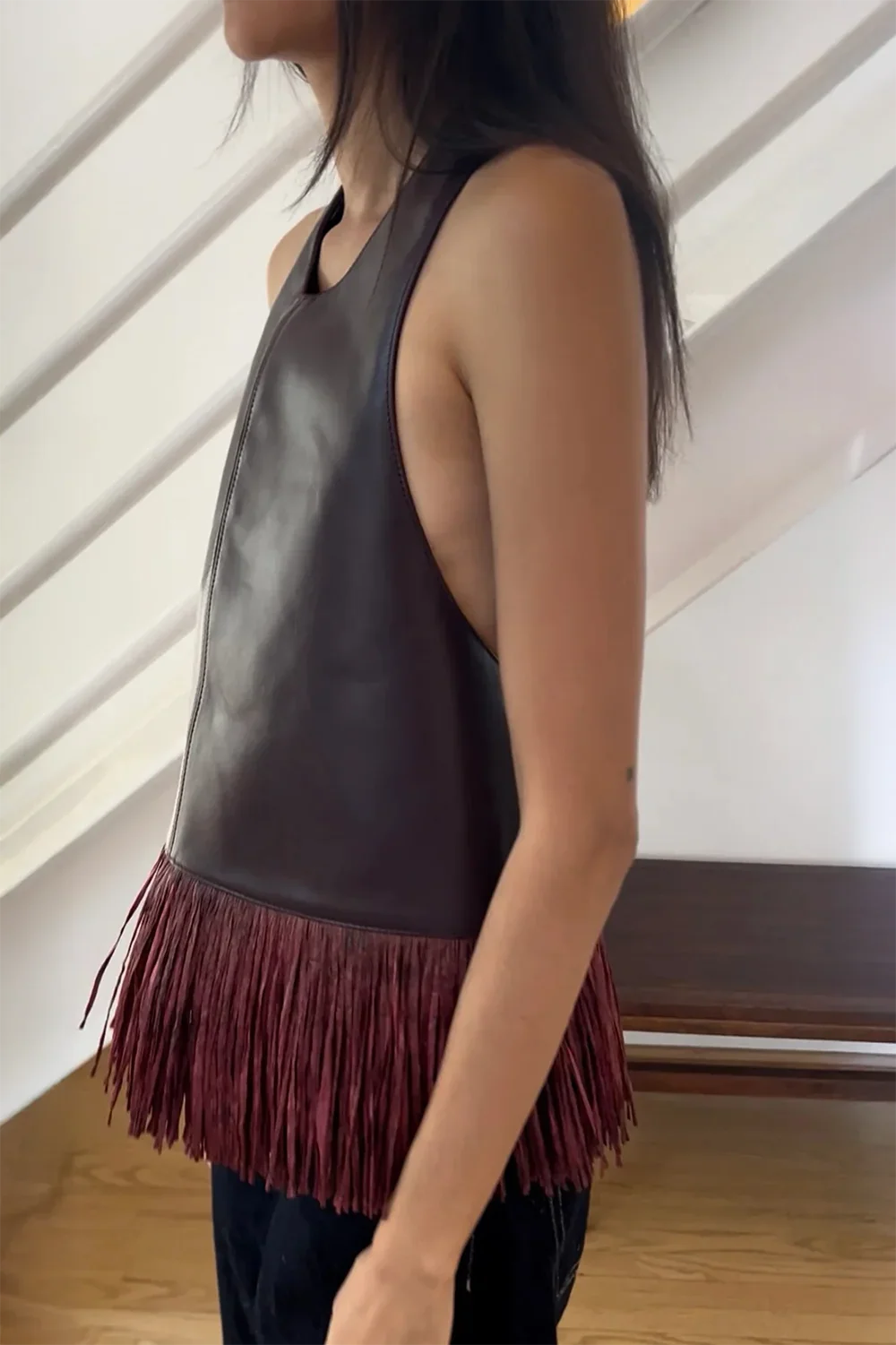 Burgundy Leather Halter Fringe Top