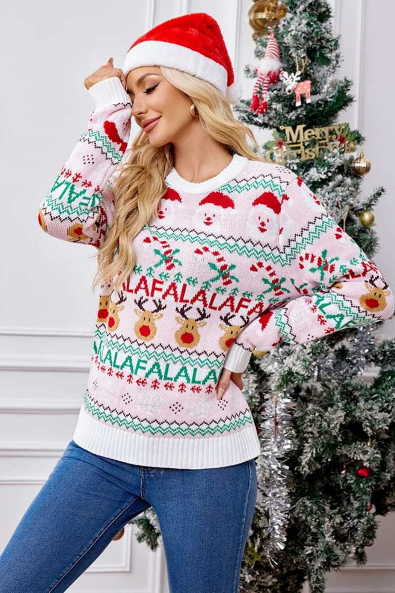 Loose-Fit Round Neck Cartoon Knit Sweater - Pink