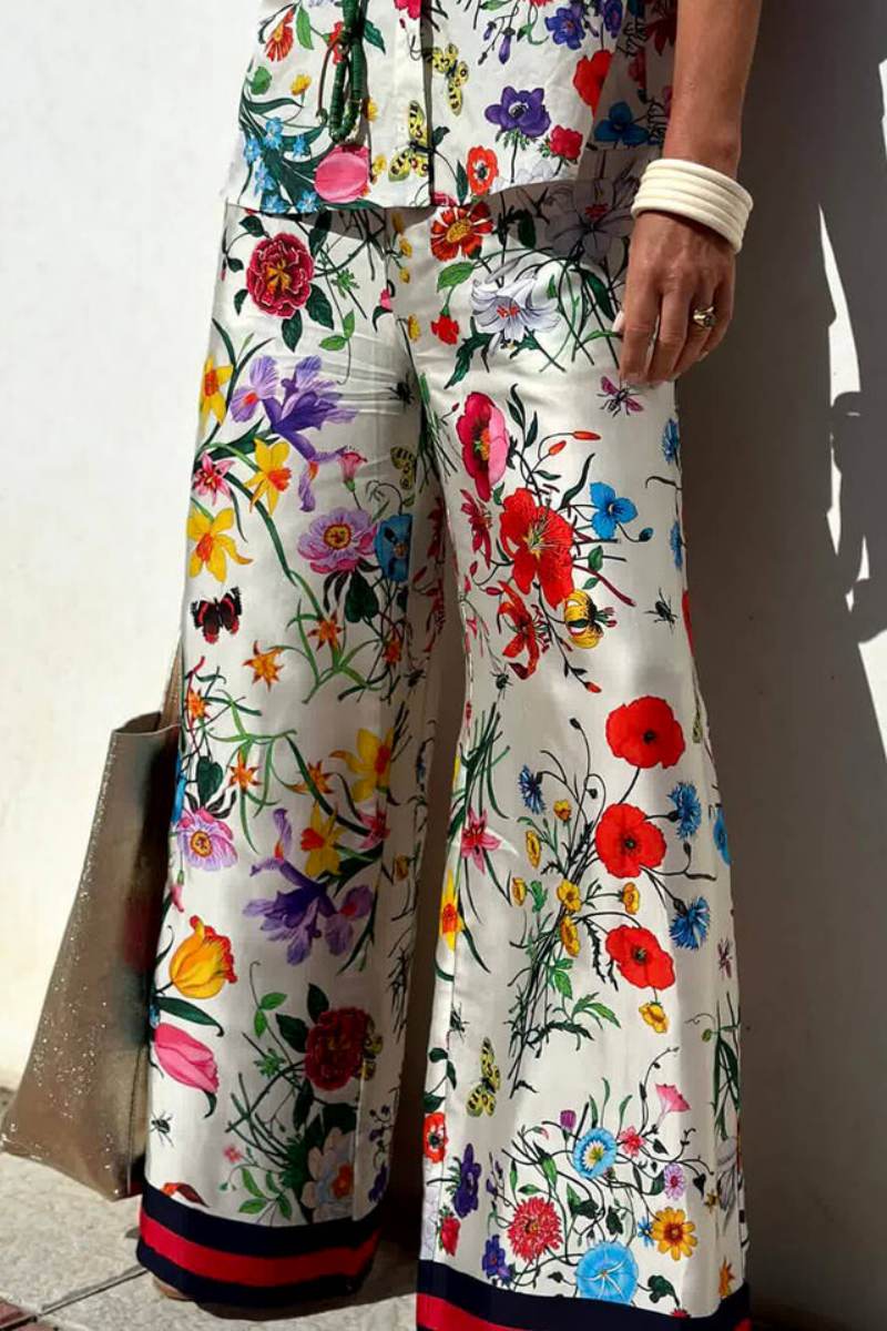 Floral Unique Print Elastic Waist Pocketed -Set