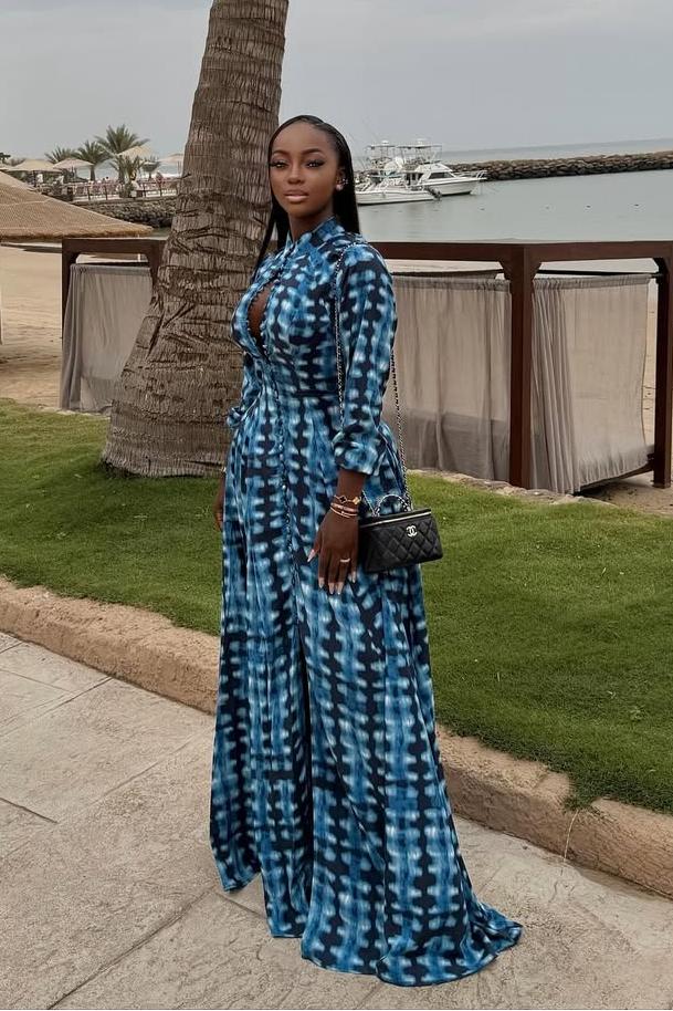 Blue Tie-Dye Button-Front Maxi Dress