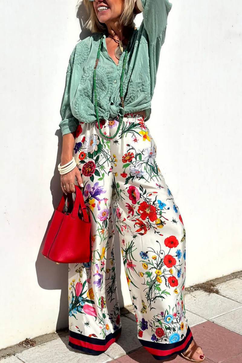 Floral Unique Print Elastic Waist Pocketed -Set