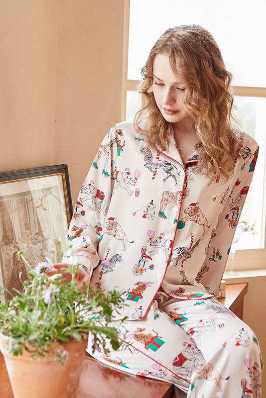 Circus Print Ice Silk Long-Sleeve Loungewear Set