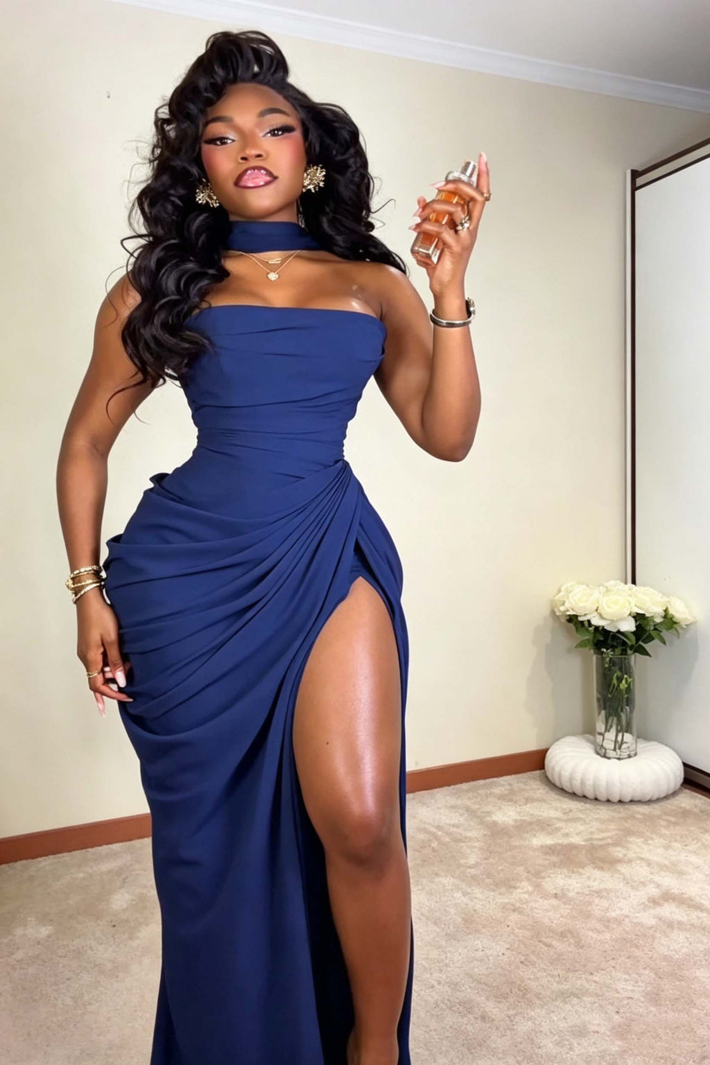 Corset Style Draped Navy Maxi Dress