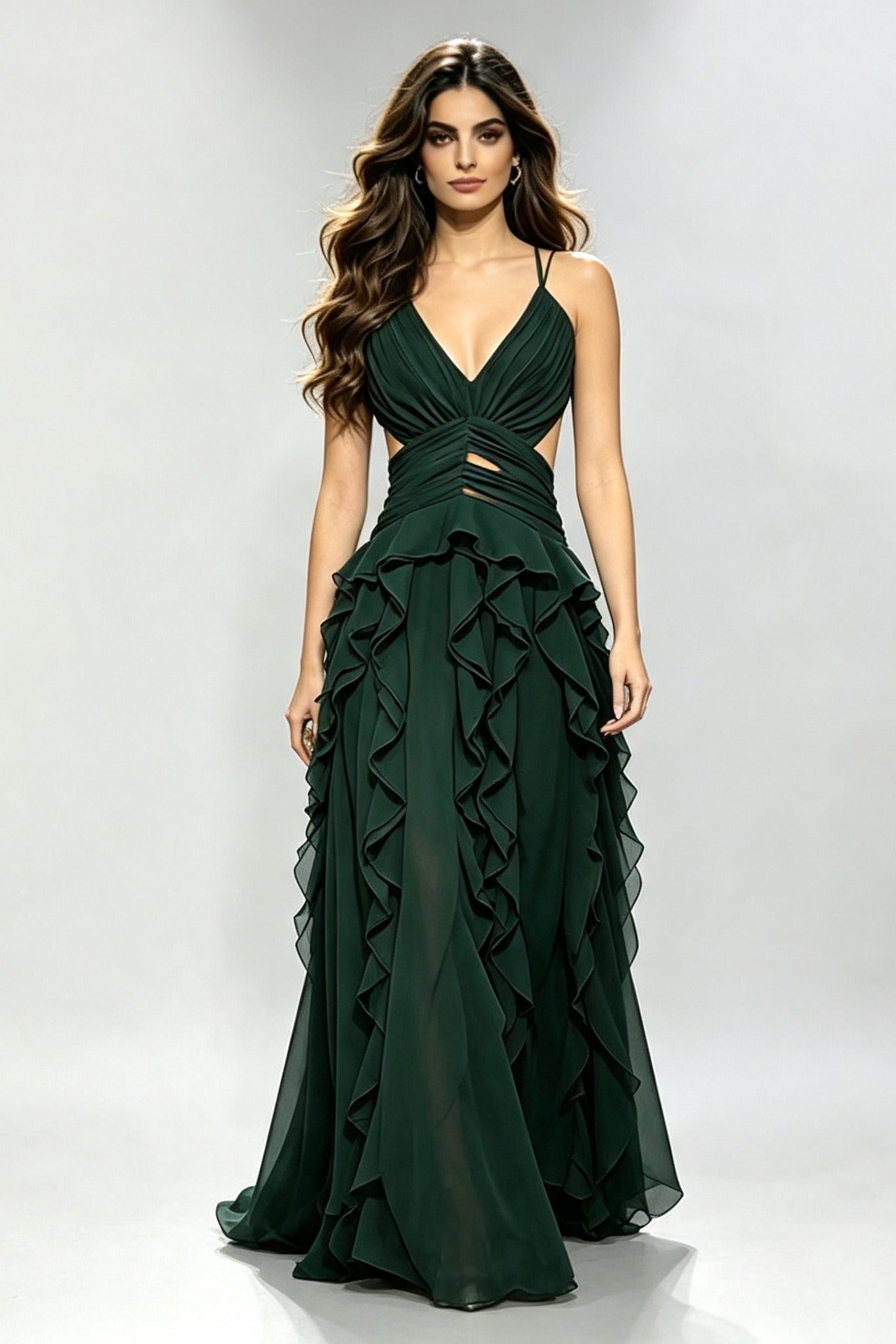 Deep V Cross Tie Backless Multi Ruffle Maxi Dress