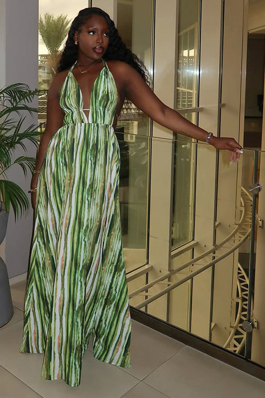Vacation Stripe Halter A-Line Maxi Dress