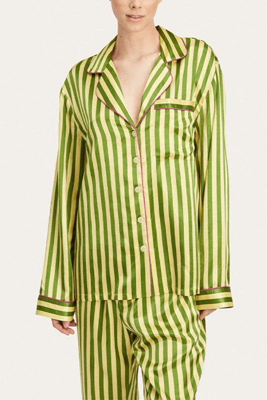 Vintage Green Striped Long Sleeve Pajama Set