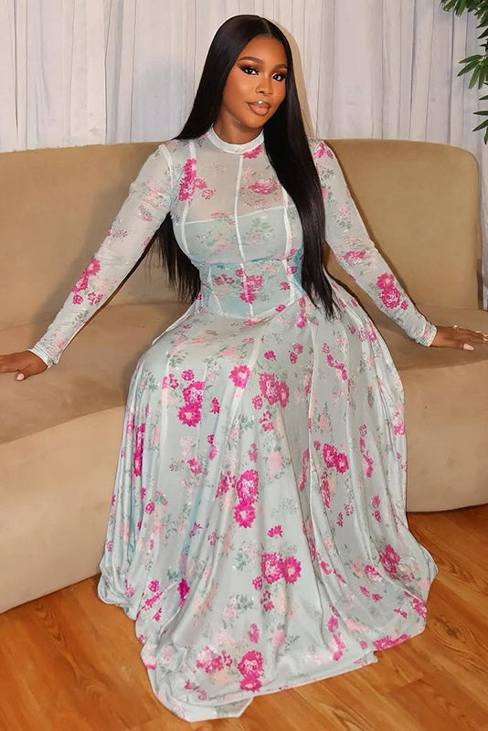 Spring Garden Print A-Line Maxi Dress
