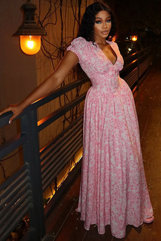 Vintage Floral Print Puff Sleeve Gown
