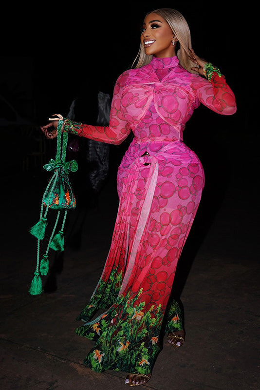 African Bubble Print Sheer Maxi Dress