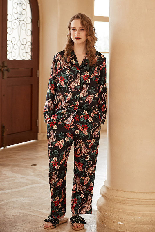 Jaguar Floral Print Ice Silk Long-Sleeve Set