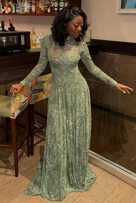 Botanical Print Sheer Mesh Maxi Dress