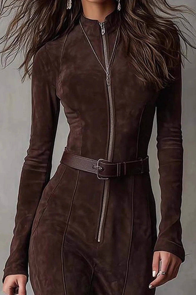 Dark Brown Suede Drawstring Irregular Midi Dress