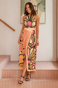 Wild Print Halter Neck Cardigan with Skirt Set